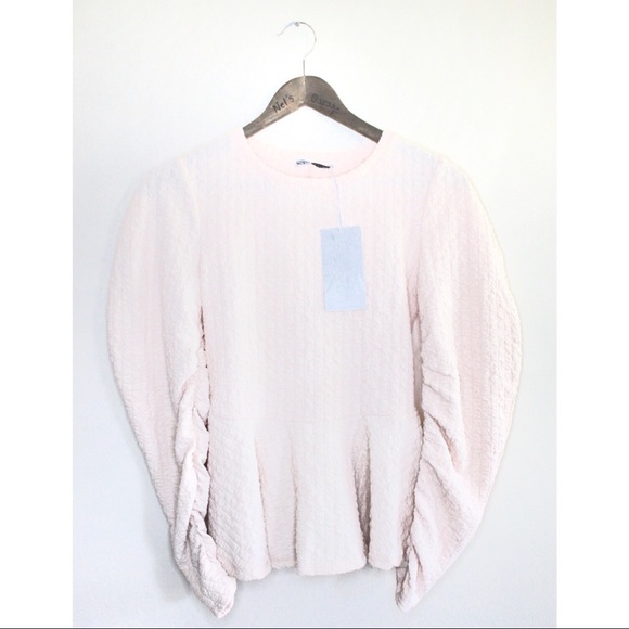 Zara Ecru Long Puff Sleeve Textured & Ruching Top - Picture 7 of 10